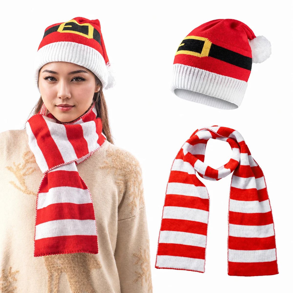 Christmas-themed knitted winter hat, scarf and gloves set by HSF Marketplace
