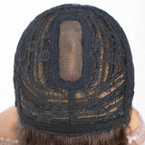 Rebecca human hair wig for women featuring straight bob style in ombré blonde and brown, with 3x1 lace parting and natural look.