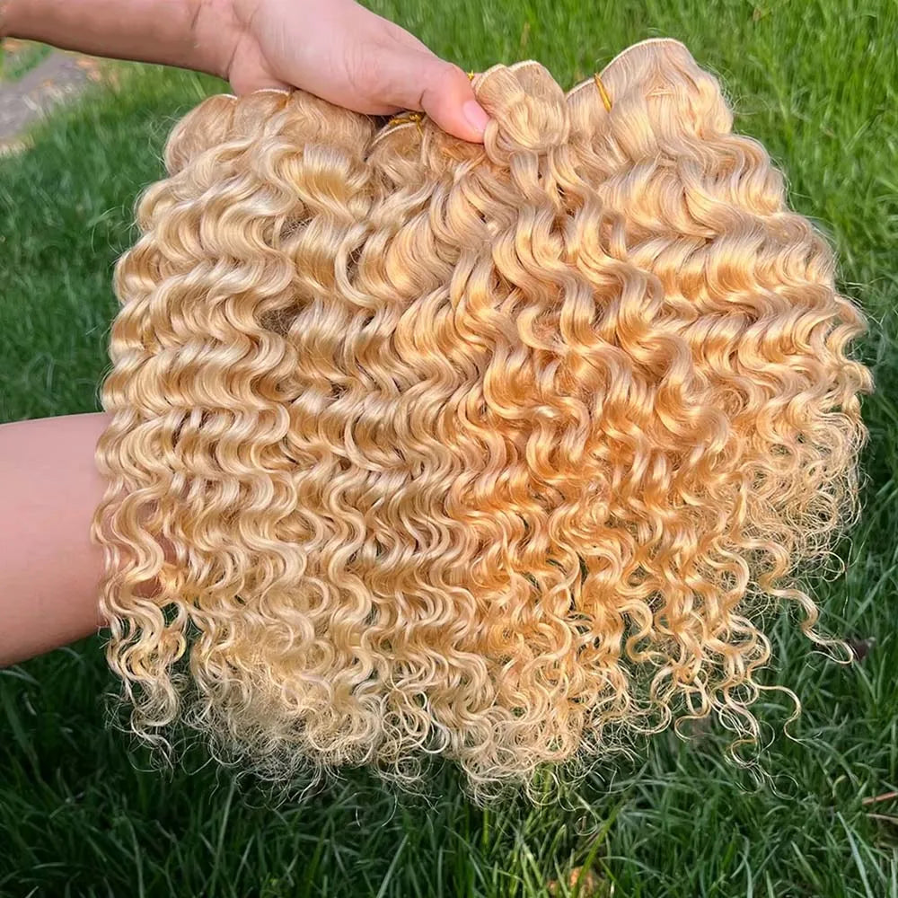 613 Blonde Deep Wave Bundles Human Hair with Closure 4x4 Brazilian Blond 13x4 Lace Frontal with 613 Curly 3 4 Bundles Human Hair