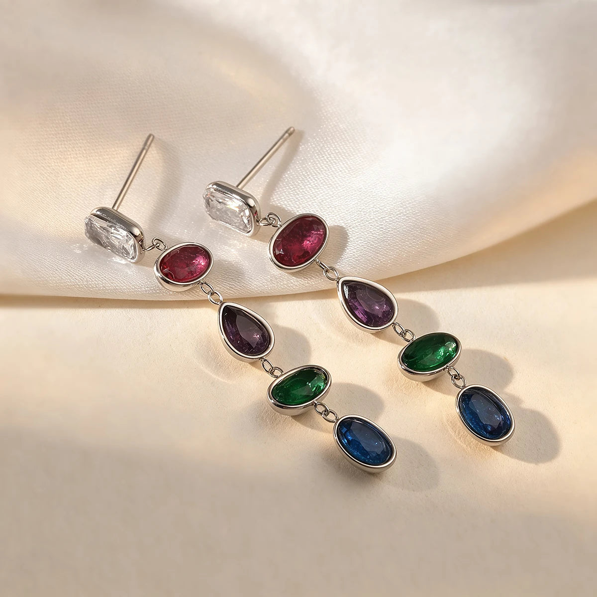 Stainless steel dangle earrings with colorful CZ crystals for women by HSF Marketplace