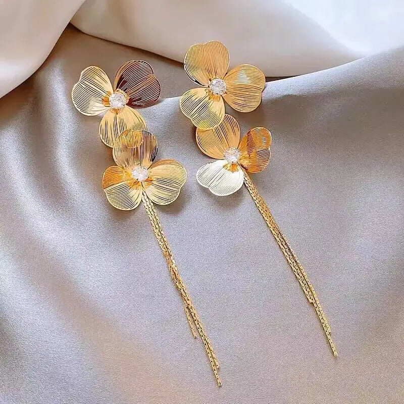 Flower drop earrings with long tassels and rhinestones by HSF Marketplace