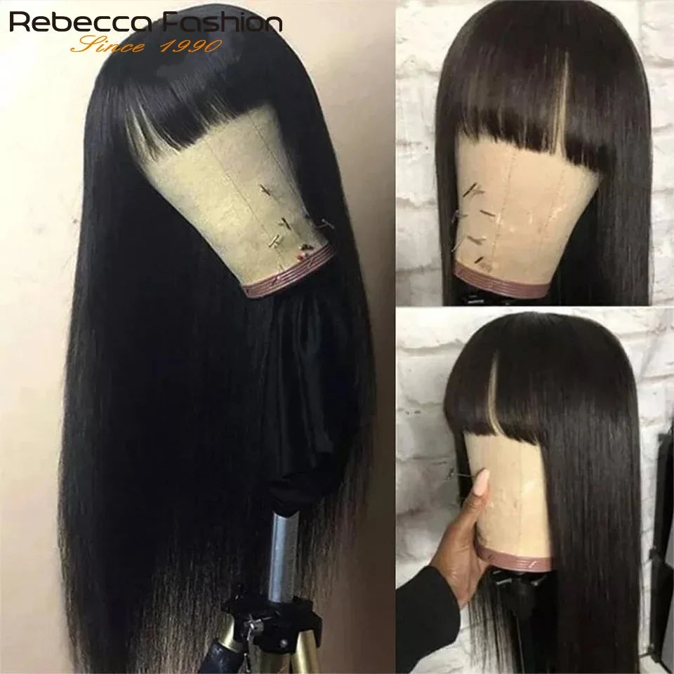Straight human hair wig with bangs, 100% Remy human hair, full machine-made, easy to wear, for women and beginners.