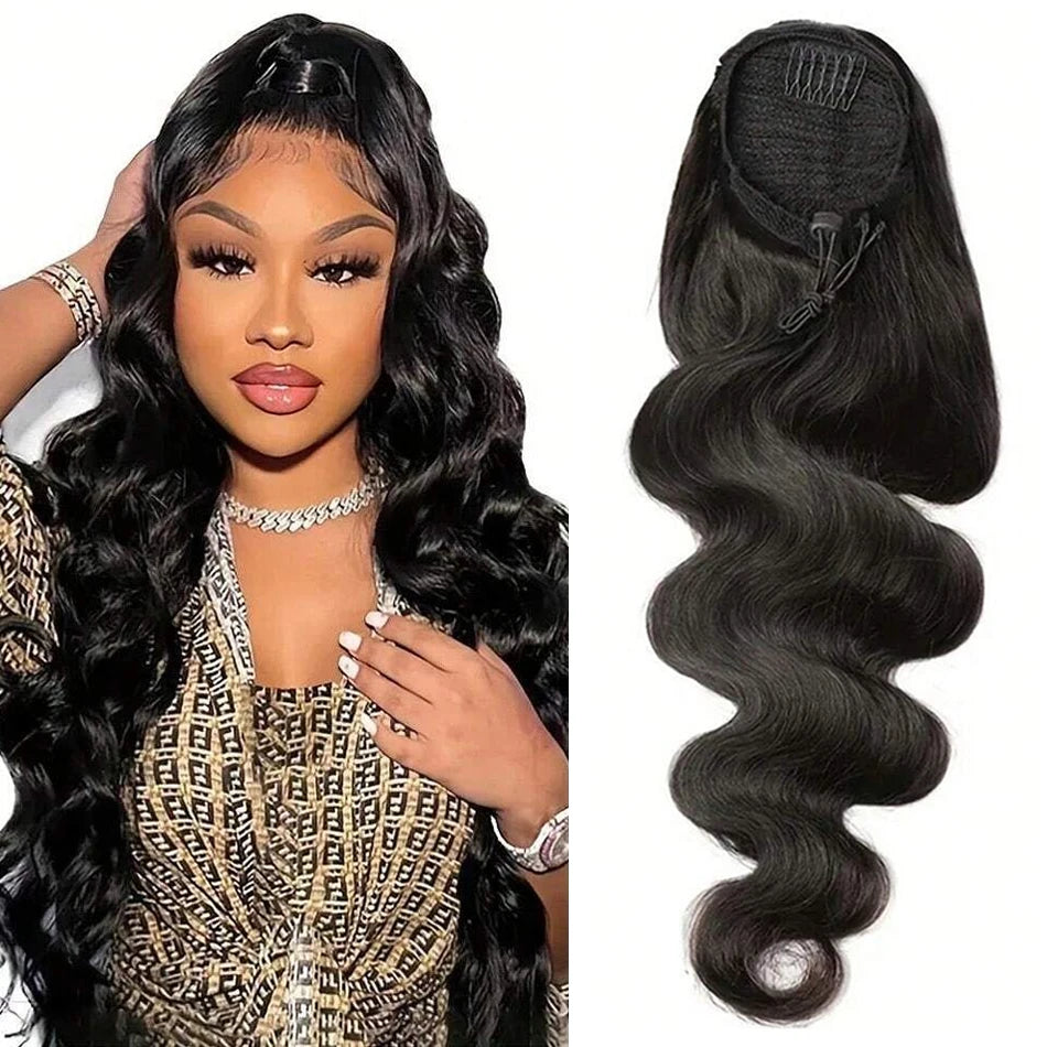 HSF Marketplace human hair kinky straight drawstring ponytail extension, 12-24 inch yaki straight clip-in style