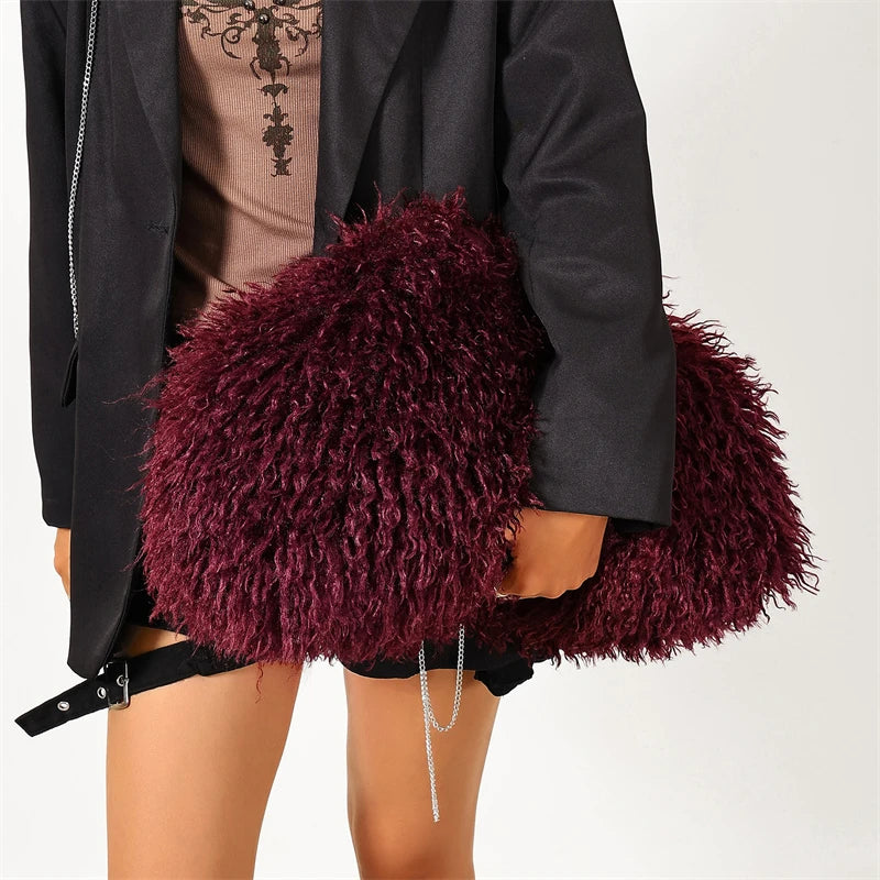 Women’s faux fur clutch bag by HSF Marketplace with frame clasp, large capacity fuzzy winter purse, perfect for parties.