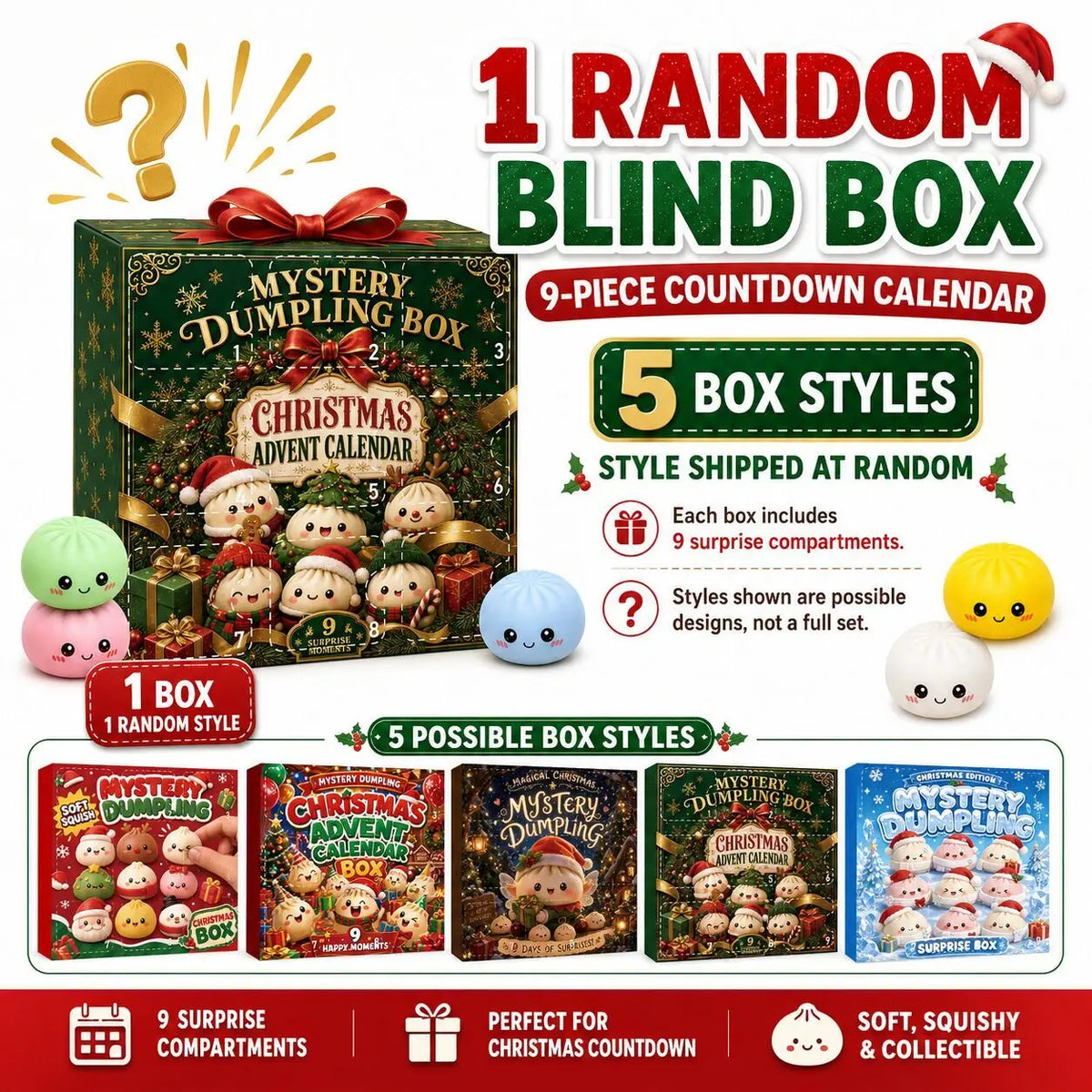 Christmas dumpling fidget squishy mystery blind box advent calendar, 9-day sensory toy countdown gift