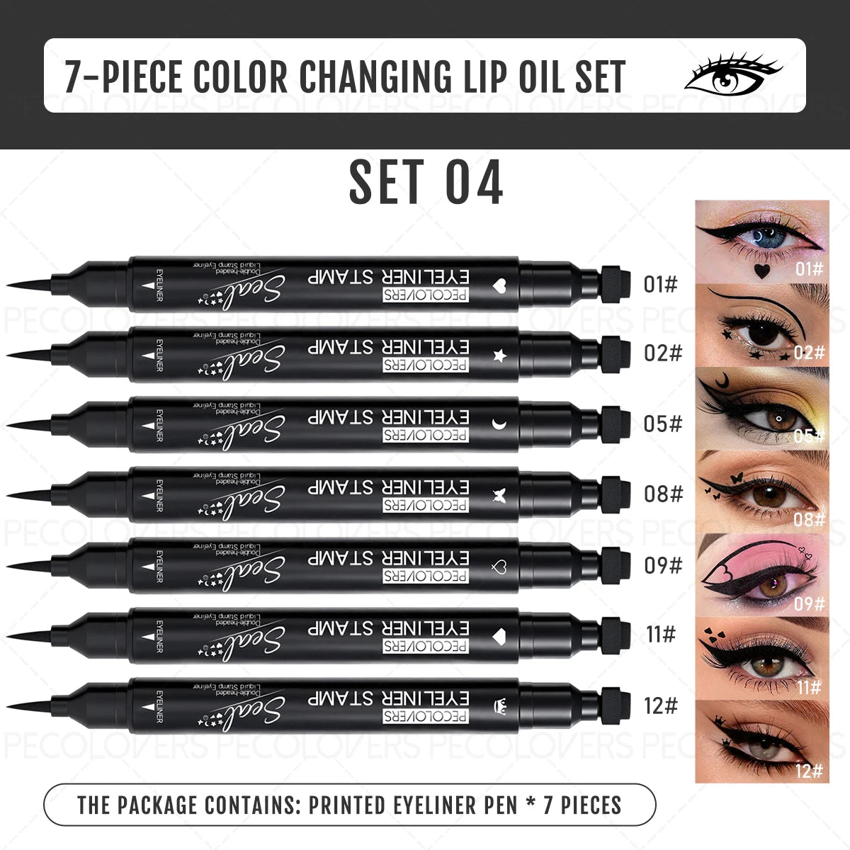 HSF Marketplace 7-piece waterproof liquid eyeliner set with moon, star, and heart-shaped tattoo stamps for precise eye makeup application.