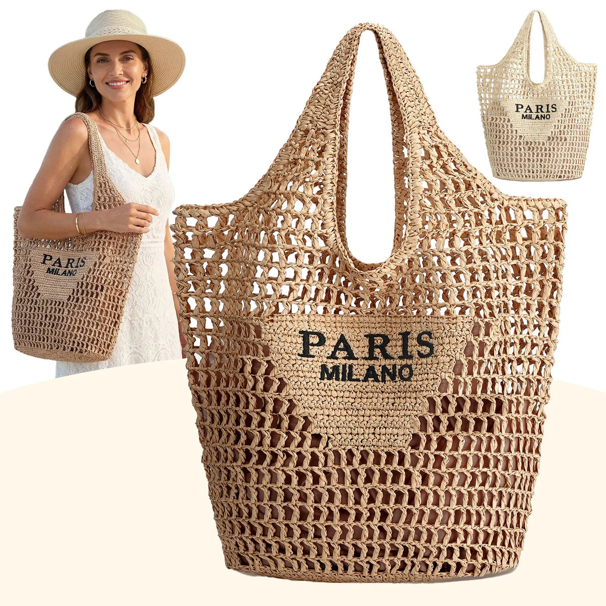 Handmade woven straw beach tote bag for women, summer mesh hollow shoulder bag, perfect for holiday and beach outings.