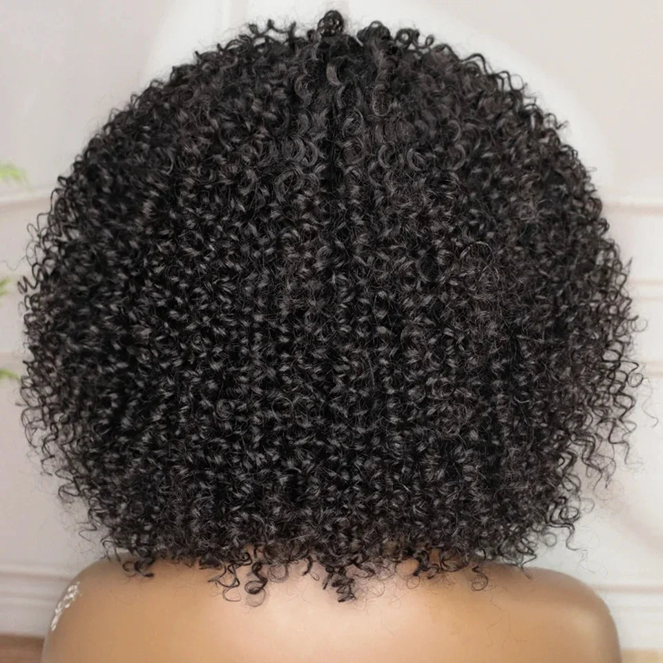 Short curly human hair wig with bangs, afro kinky curl, 250 density, glueless, full machine-made, natural Remy hair, ready to wear.