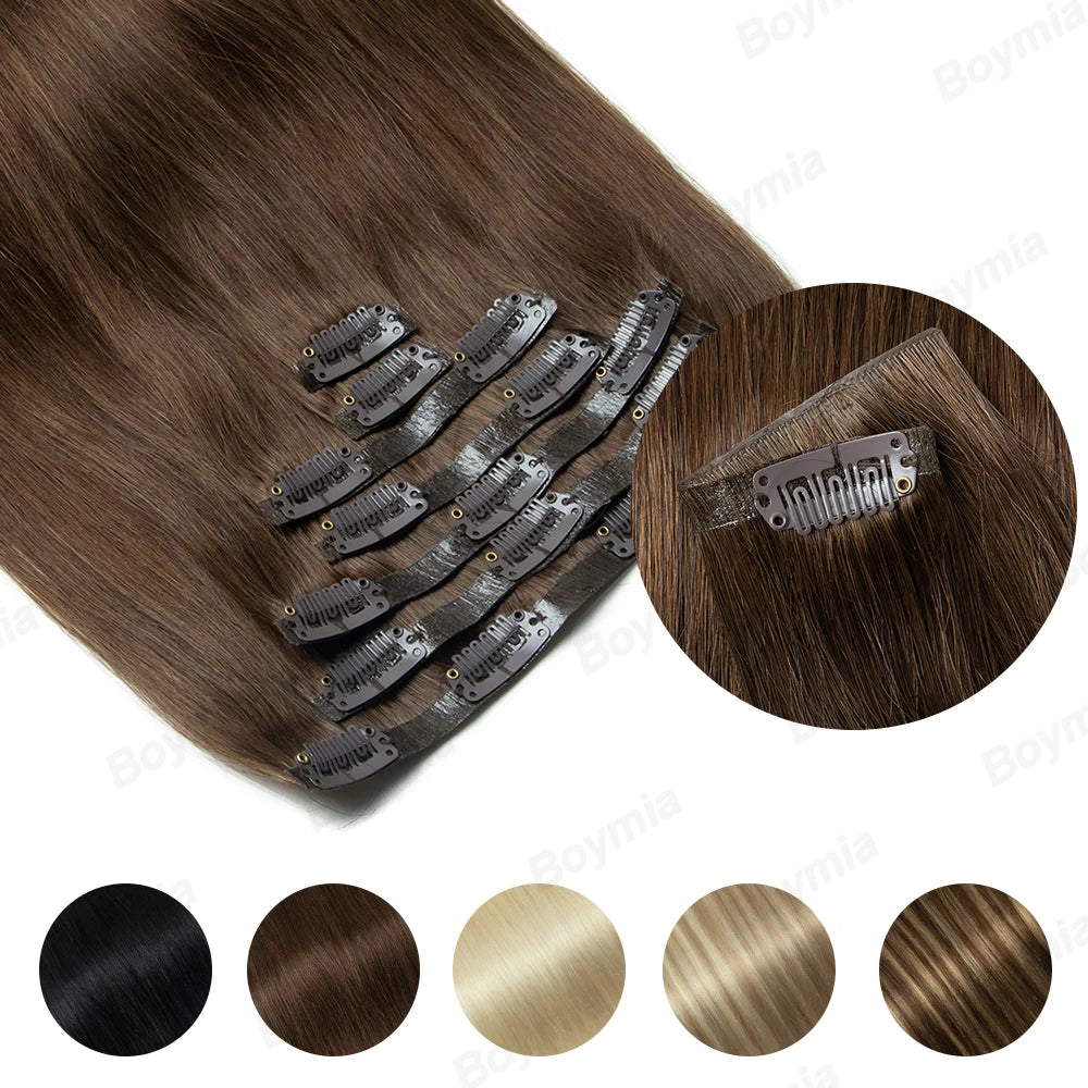 Invisible PU clip-in human hair extensions, 7-piece set with PU tape weft, 12–24 inch, 100–120g