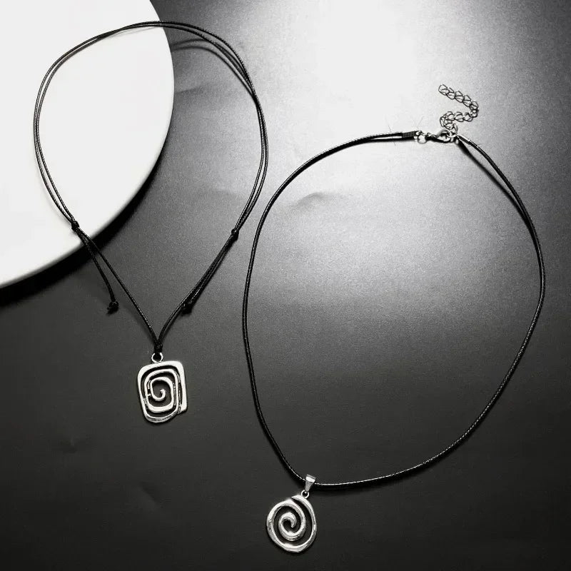 Vintage spiral vortex pendant necklace with hand-woven leather rope, boho goth jewelry for women, Y2K fashion accessory