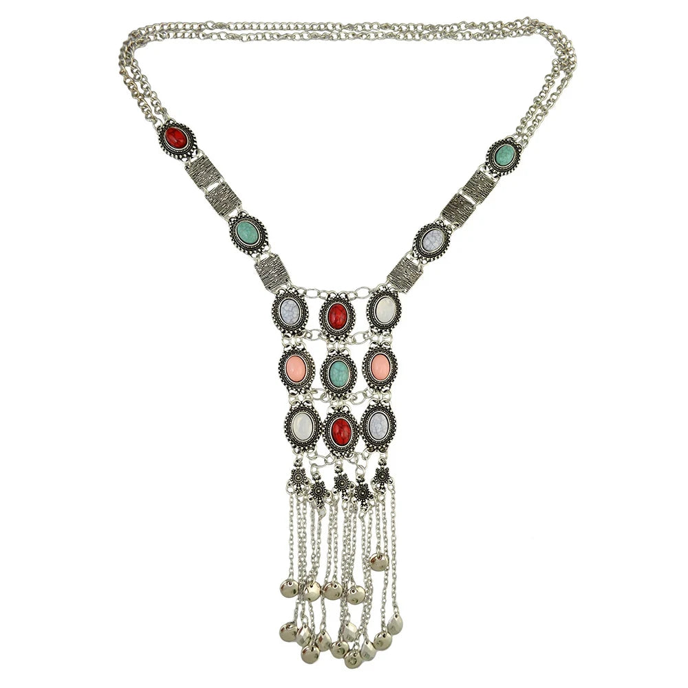 Multi Layer Colorful Turquoise Gemstone Bell Tassel Necklace Retro Ethnic Bib Long Geometry Pendant Collar Gypsy India Jewelry