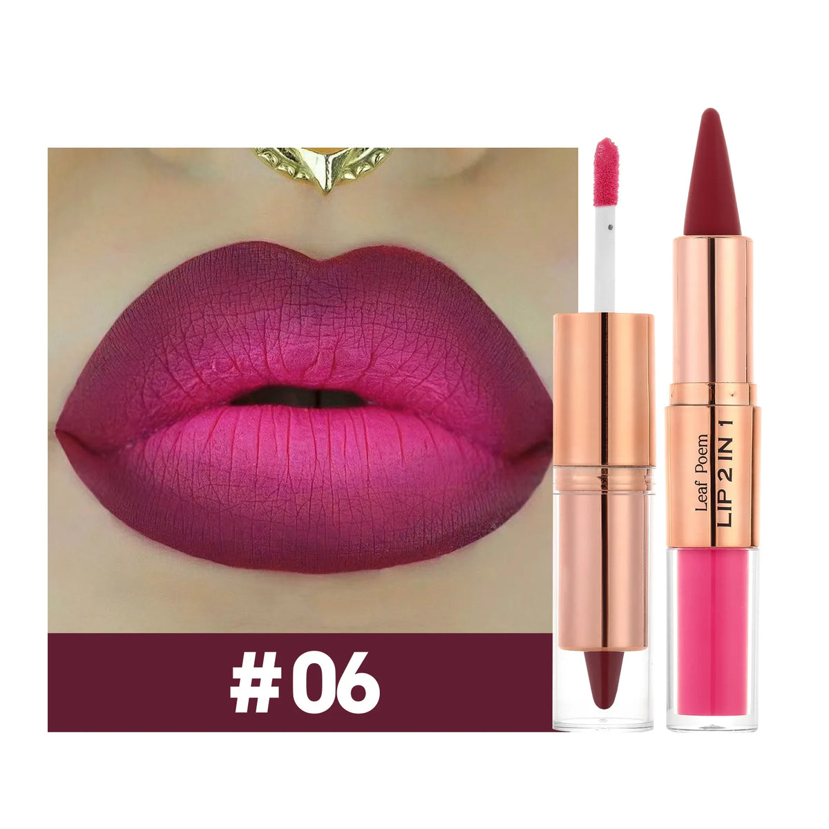 Red and black waterproof lipstick and lipliner set with purple rose design, featuring double-head tapered contour pencils.