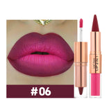 Red and black waterproof lipstick and lipliner set with purple rose design, featuring double-head tapered contour pencils.
