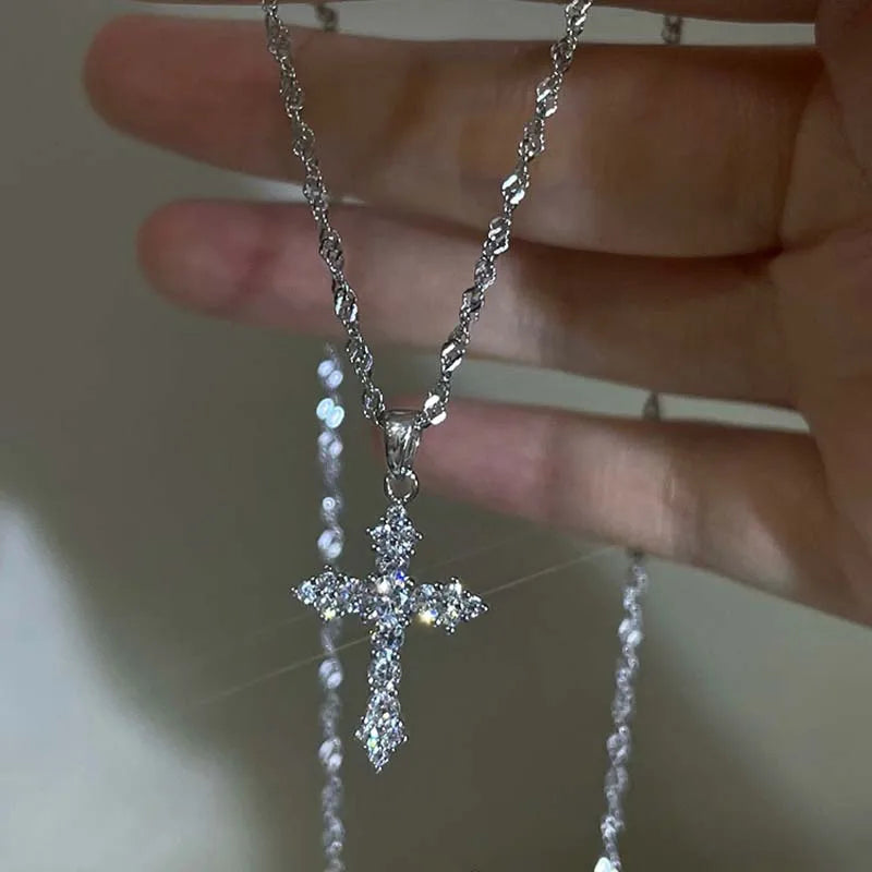Silver crystal zircon cross pendant necklace for women by HSF Marketplace