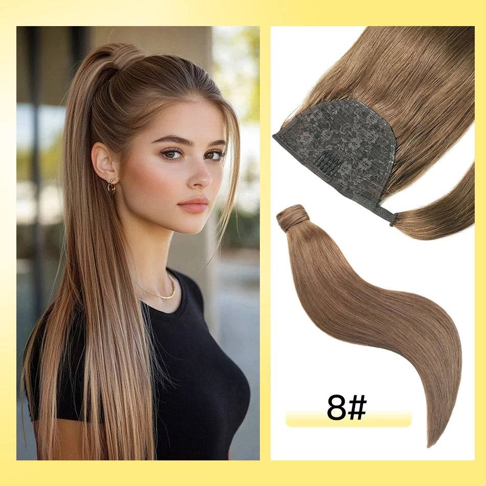 Yelo Remy human hair clip-on ponytail extensions in straight blonde, brown, and black shades