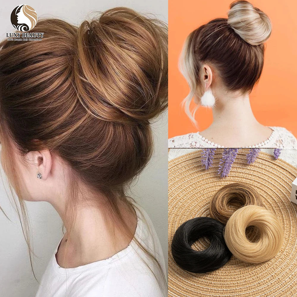 Brazilian human hair bun ponytail hairpiece for women, scrunchie updo donut chignon extension
