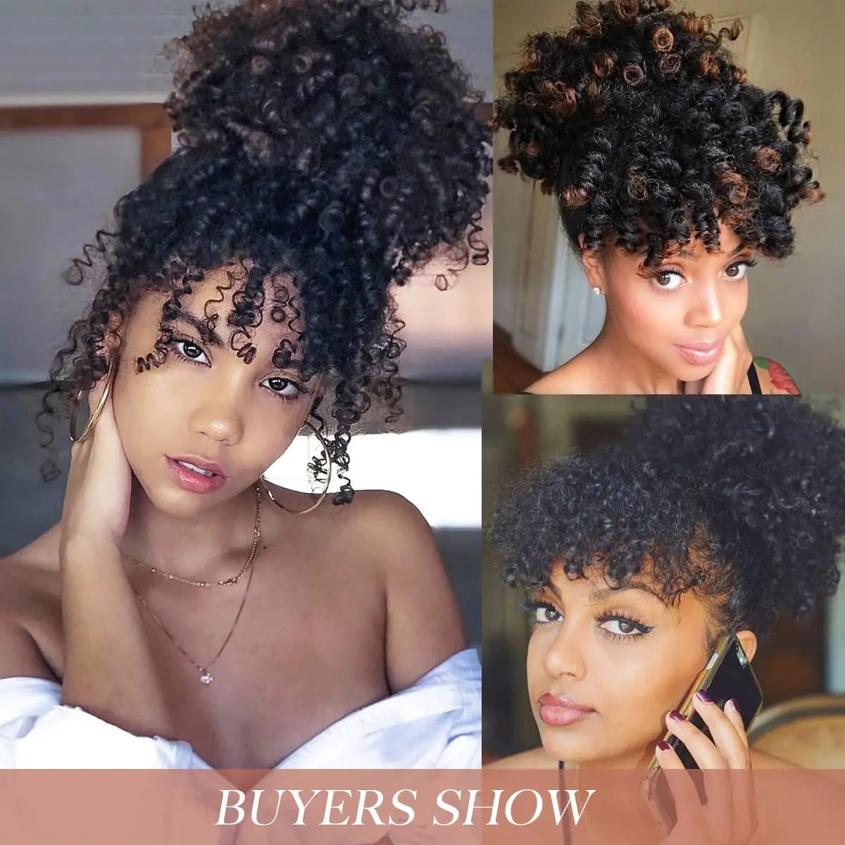 HSF Marketplace afro puff drawstring ponytail with bangs, short kinky curly pineapple updo bun for Black women