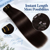 Dark chocolate brown Brazilian Remy human hair clip-in extensions, straight 18-26 inch set for fuller ends
