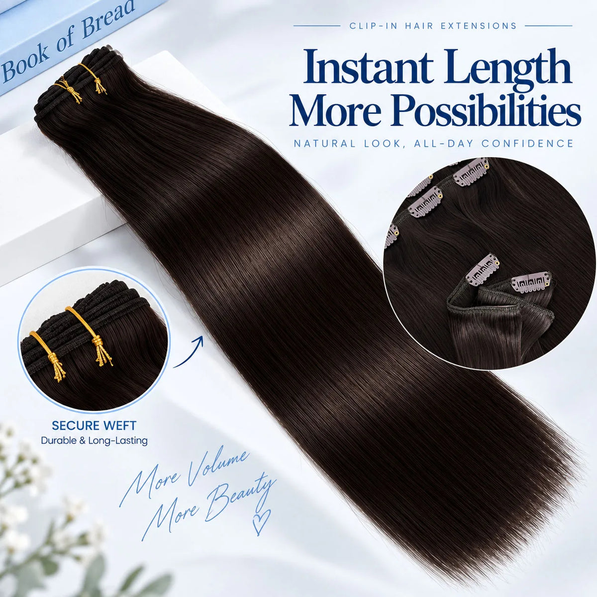 Dark chocolate brown Brazilian Remy human hair clip-in extensions, straight 18-26 inch set for fuller ends