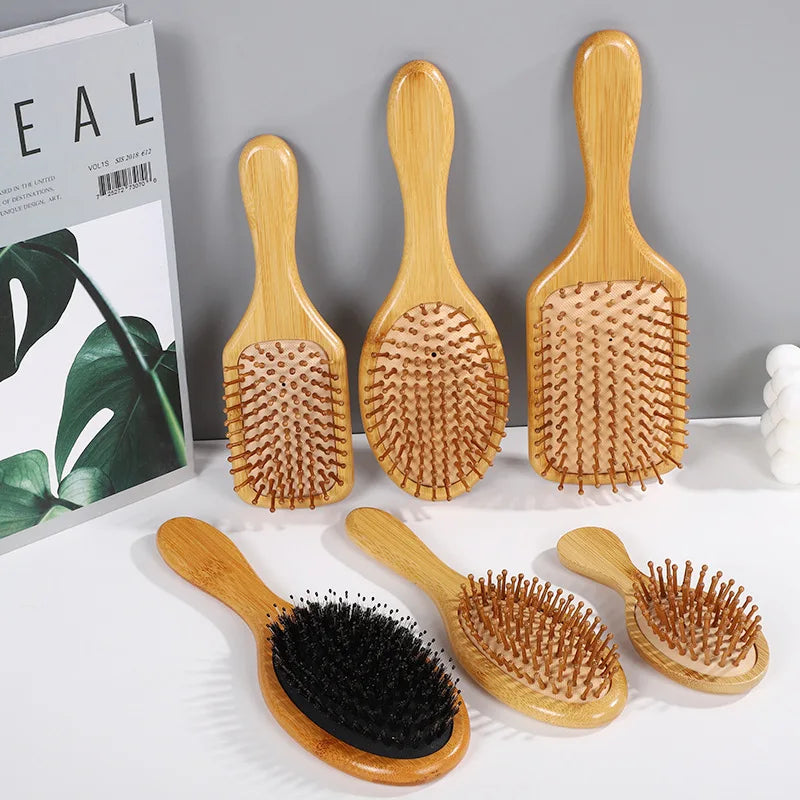 Wooden bamboo hair brush by HSF Marketplace for scalp massage and gentle hair styling