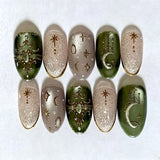 24-piece Y2K star press-on false nails with gradient blue French tips and gold moon designs, almond shape