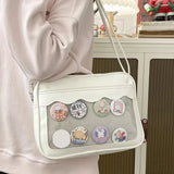 Japanese Harajuku Ita Bag for women, transparent PU with pockets, high school girl style, crossbody shoulder handbag.