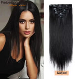 Seven-piece set of HSF Marketplace human hair clip-in extensions with double weft, natural straight style, 16-24 inches long.