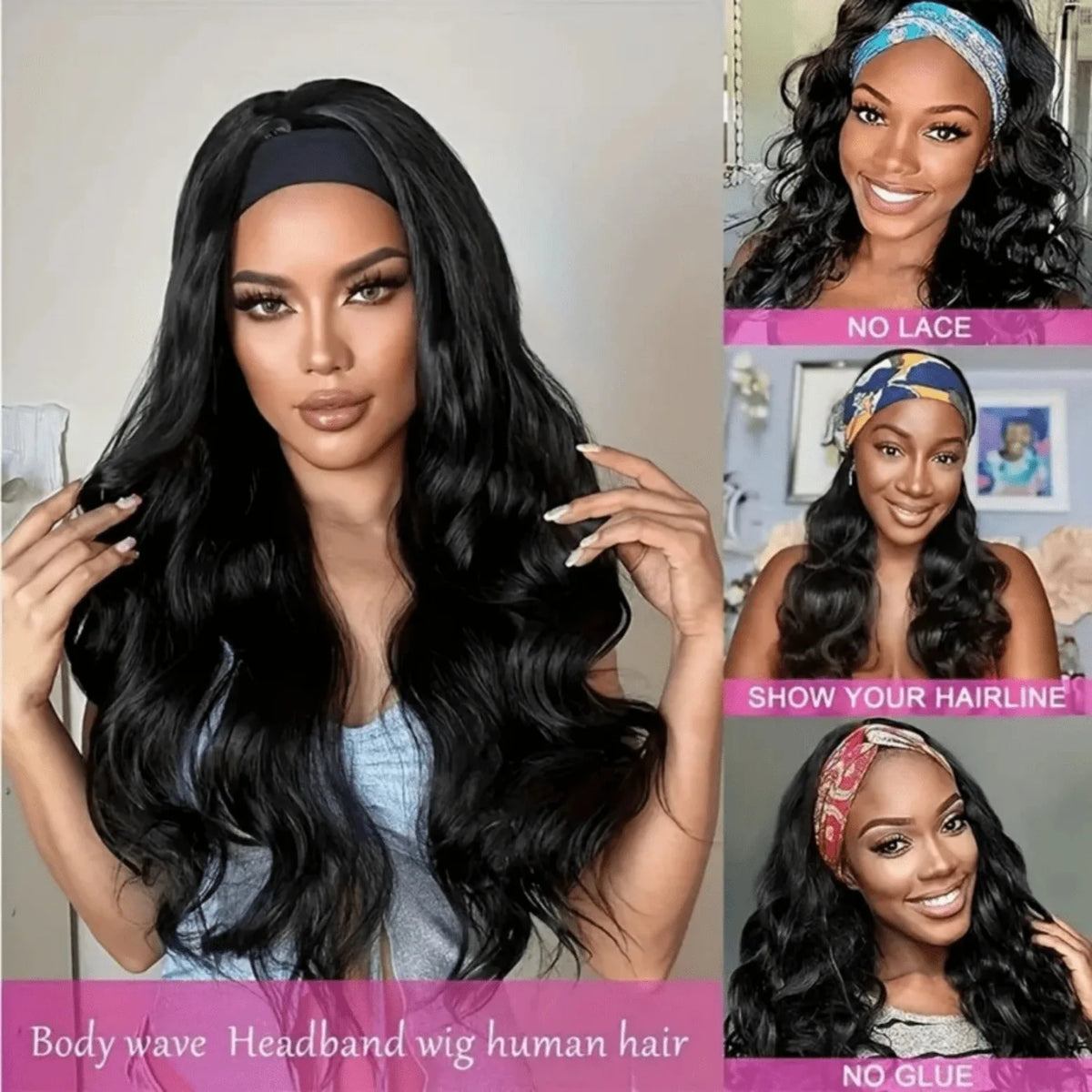 40-inch long body wave Remy human hair headband wig, 200% density with natural fluffy waves