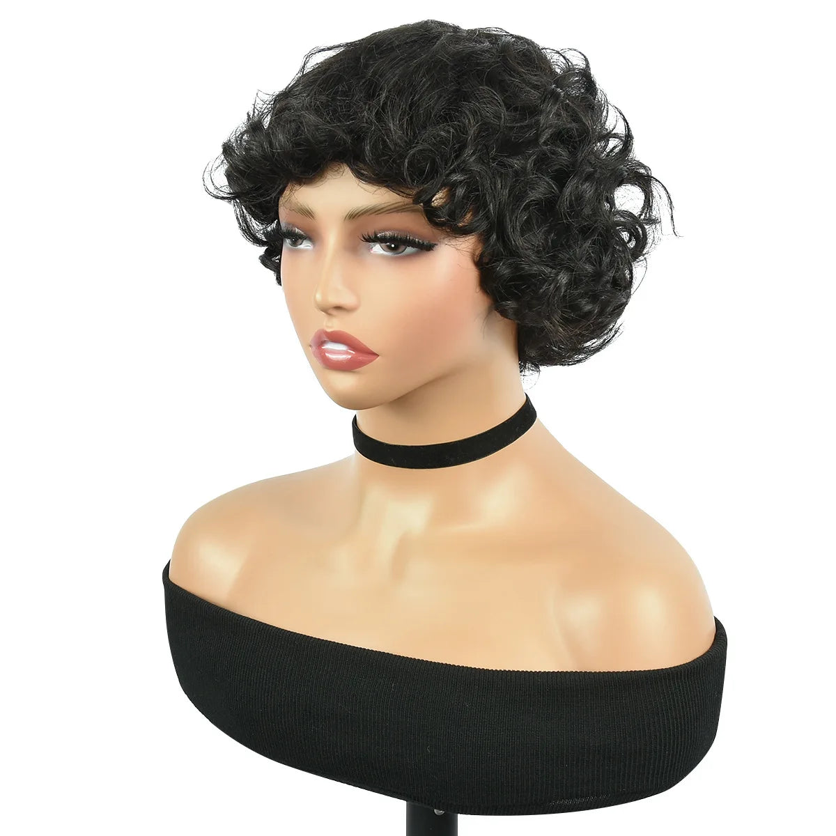 Curly human hair wig with short pixie cut in various colors, Brazilian Virgin Remy, 6-inch length, full density for women.
