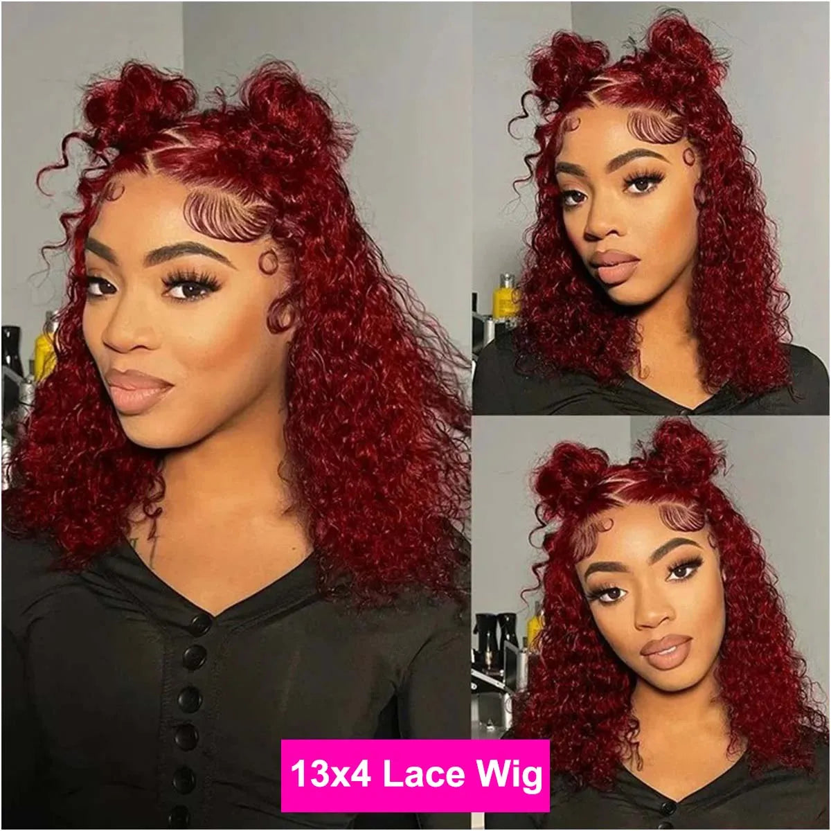 99J burgundy short bob human hair wig with water wave curls and 13x4 lace front in wine red
