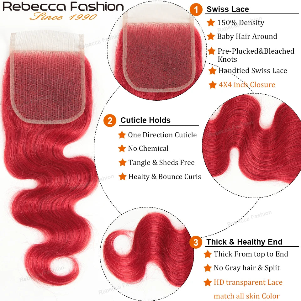 Rebecca Oxblood Red Body Wave Bundles With Closure Brazilian Body Wave Human Hair Bundles With Closure 3 Bundles With Closure