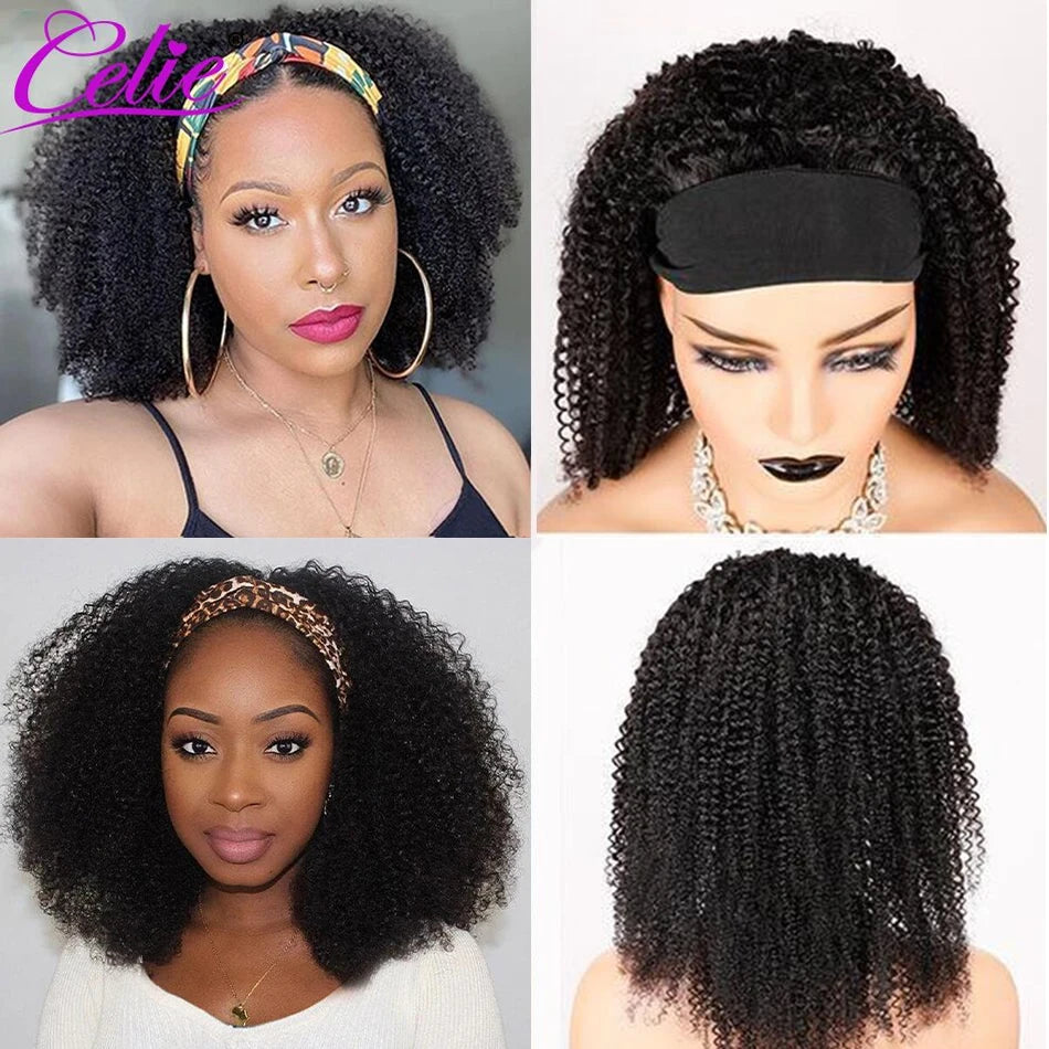 Celiehair kinky curly headband wig, Brazilian human hair wig for women, natural voluminous curls