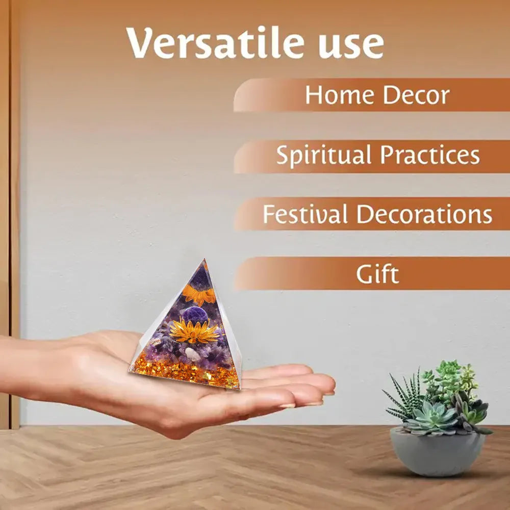 A Pyramid Containing Amethyst and Golden Lotus Flowers, Used for Spiritual Decoration and Healing Crystals of Positive Energy