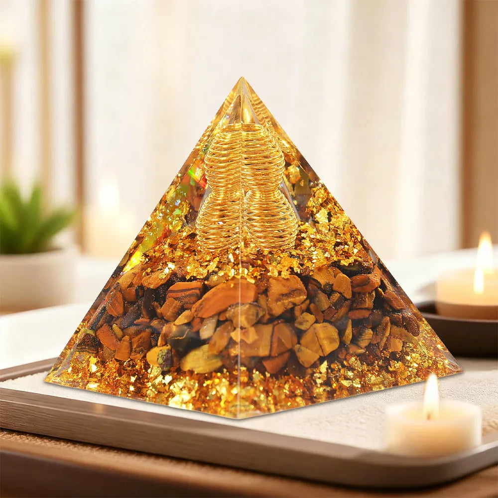 A Pyramid Containing Amethyst and Golden Lotus Flowers, Used for Spiritual Decoration and Healing Crystals of Positive Energy
