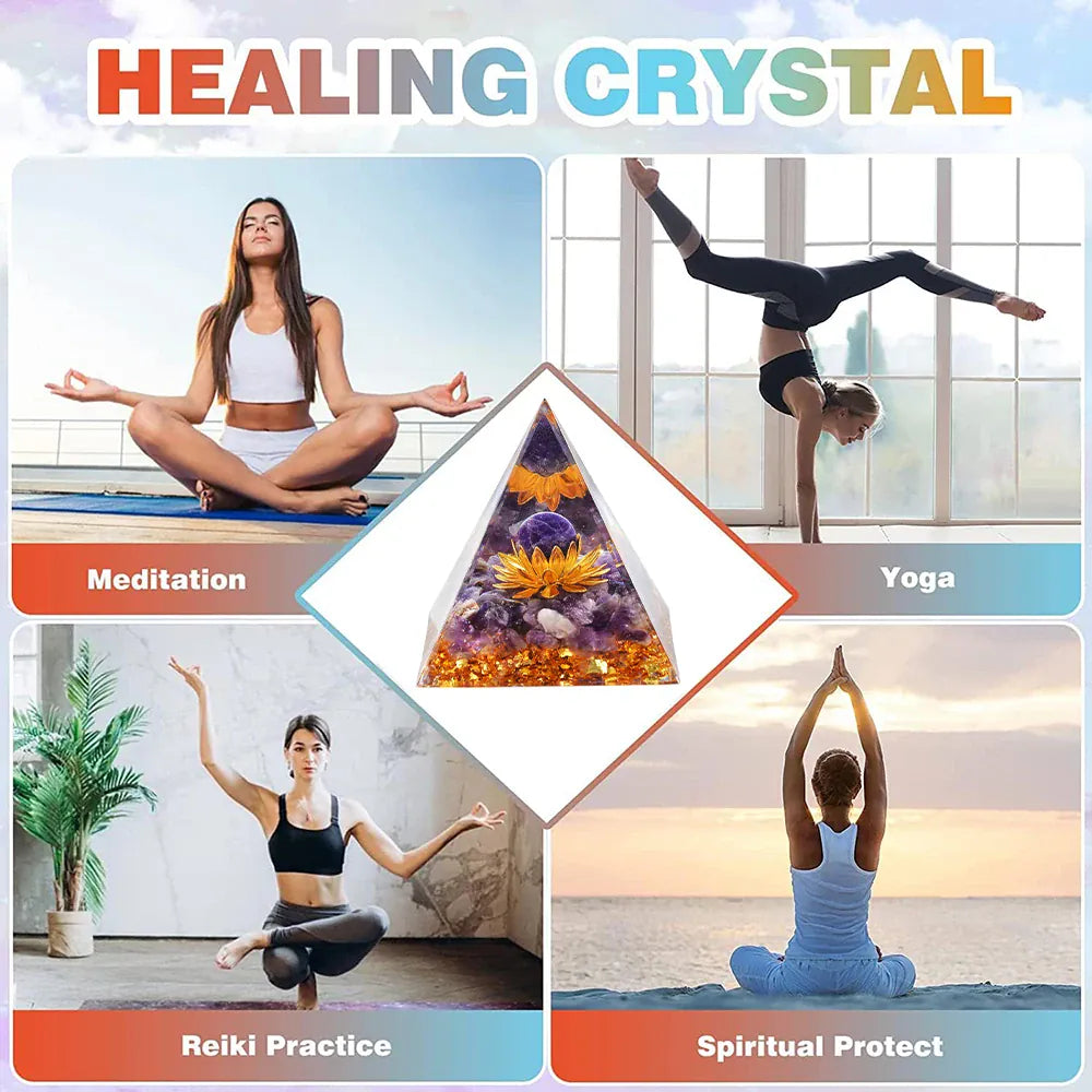 A Pyramid Containing Amethyst and Golden Lotus Flowers, Used for Spiritual Decoration and Healing Crystals of Positive Energy