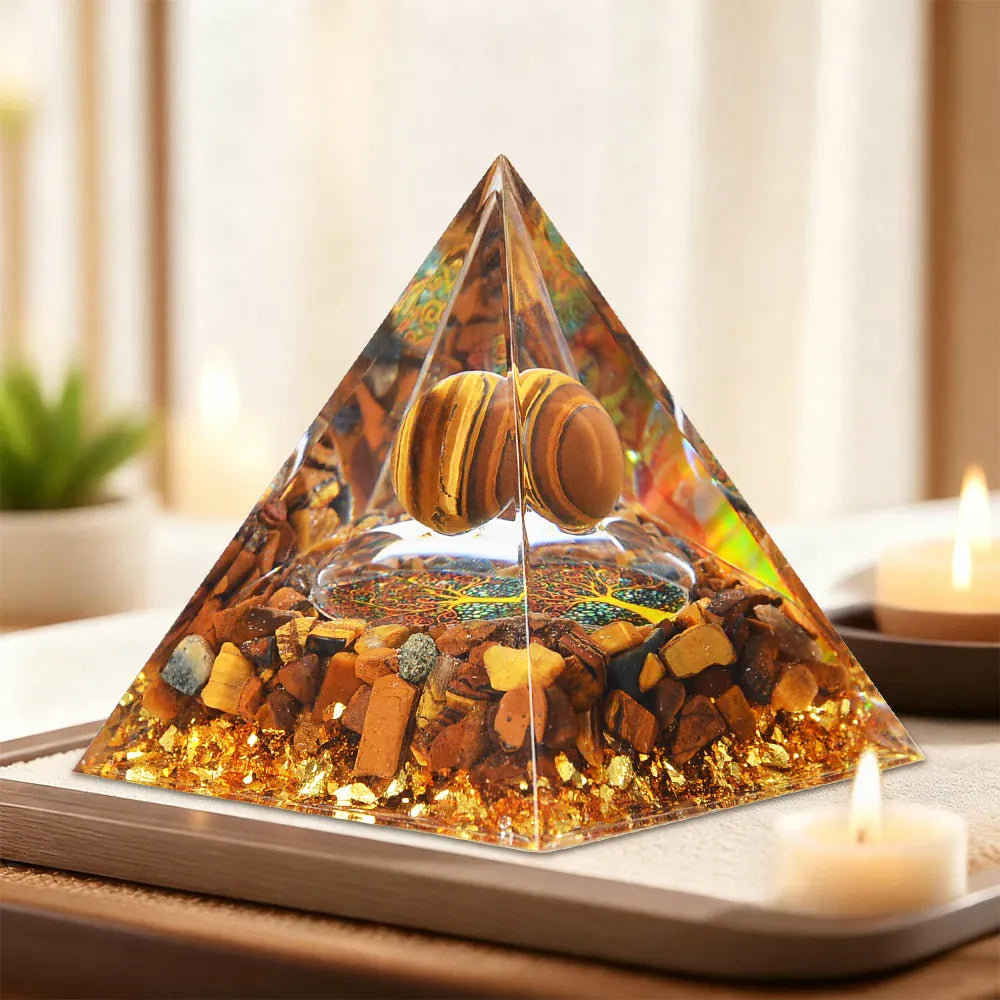A Pyramid Containing Amethyst and Golden Lotus Flowers, Used for Spiritual Decoration and Healing Crystals of Positive Energy