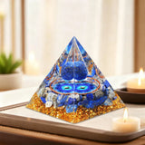 A Pyramid Containing Amethyst and Golden Lotus Flowers, Used for Spiritual Decoration and Healing Crystals of Positive Energy