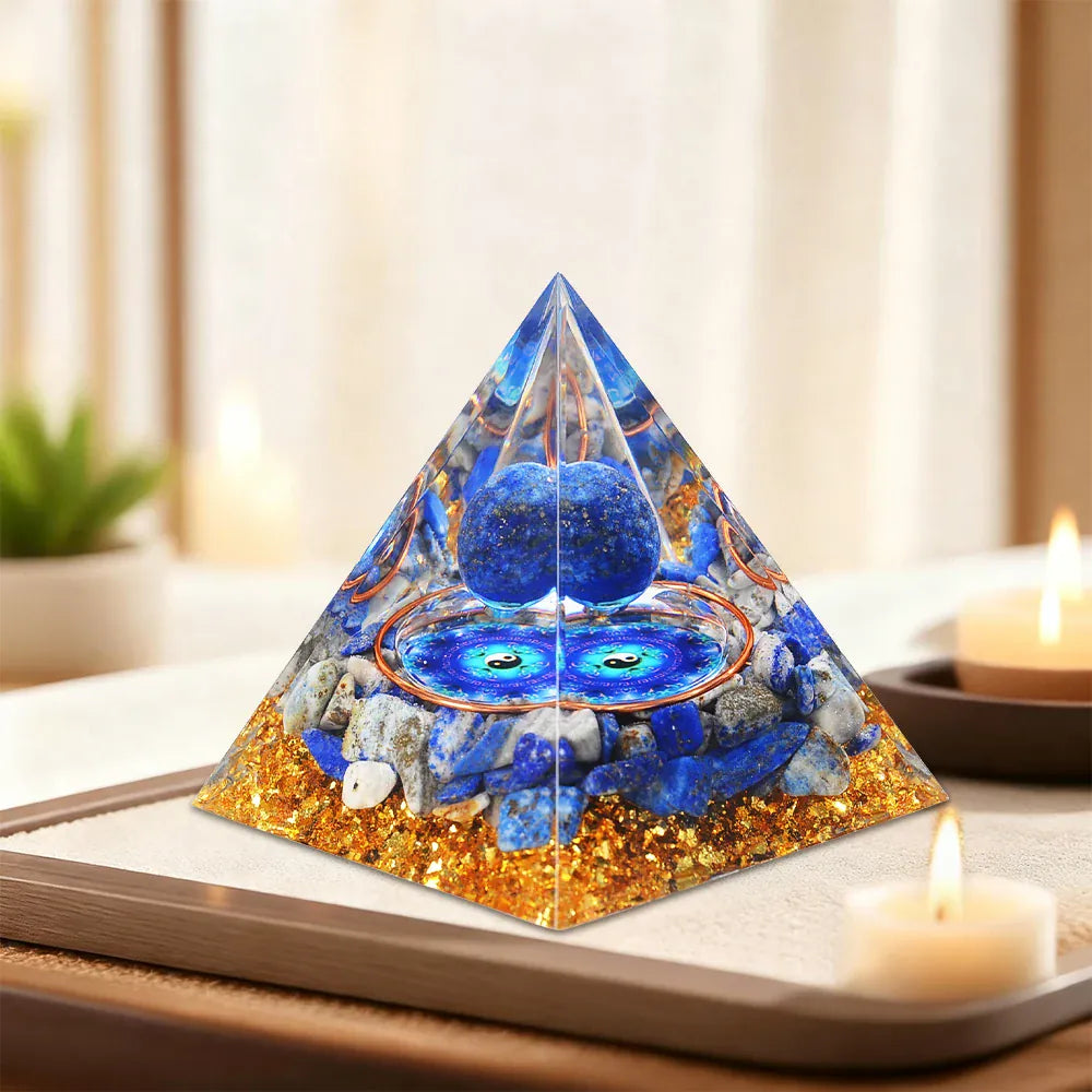 A Pyramid Containing Amethyst and Golden Lotus Flowers, Used for Spiritual Decoration and Healing Crystals of Positive Energy