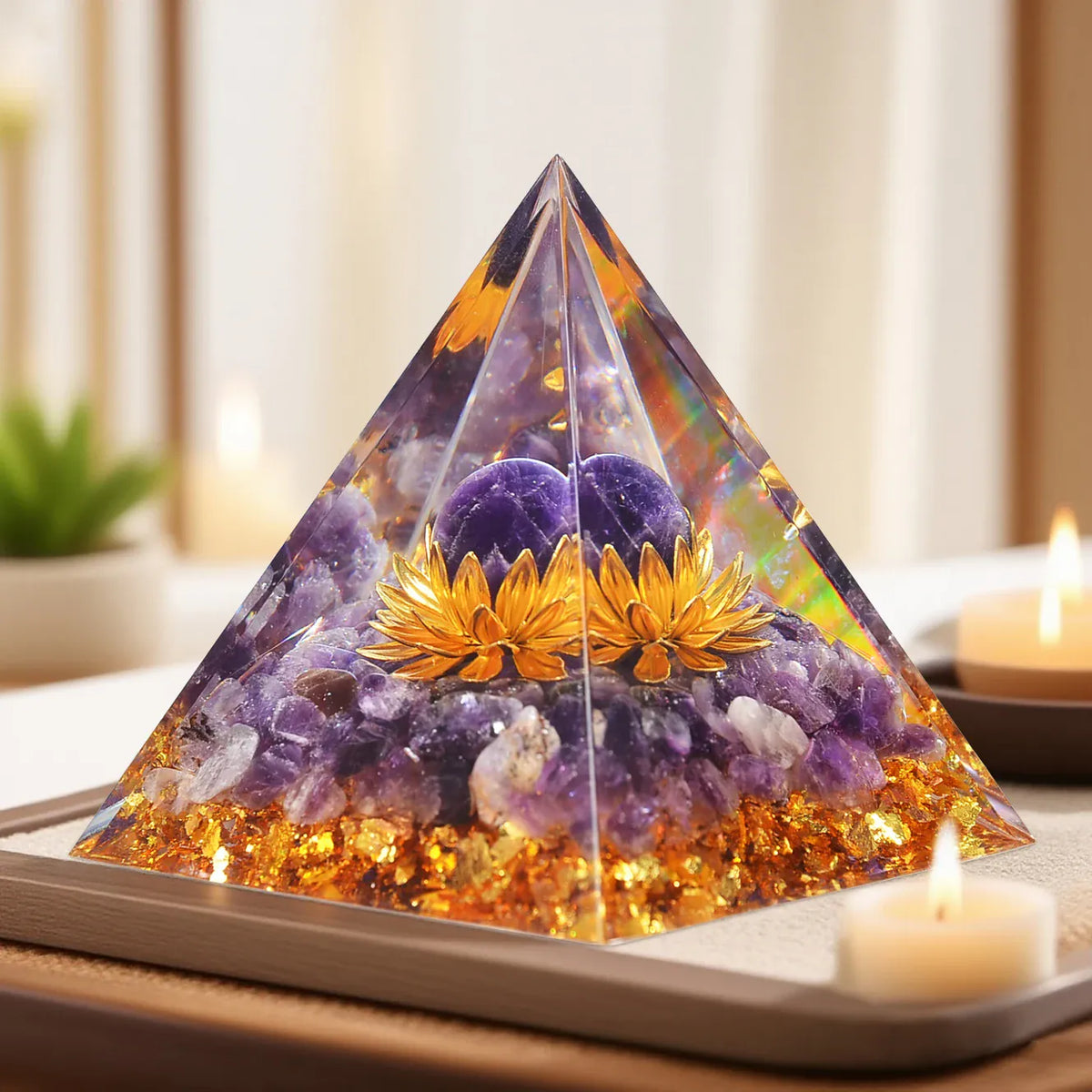 A Pyramid Containing Amethyst and Golden Lotus Flowers, Used for Spiritual Decoration and Healing Crystals of Positive Energy
