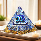 A Pyramid Containing Amethyst and Golden Lotus Flowers, Used for Spiritual Decoration and Healing Crystals of Positive Energy