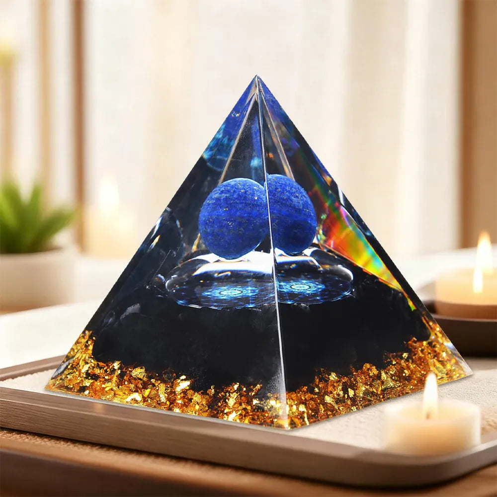 A Pyramid Containing Amethyst and Golden Lotus Flowers, Used for Spiritual Decoration and Healing Crystals of Positive Energy