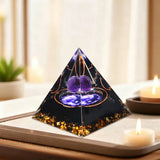 A Pyramid Containing Amethyst and Golden Lotus Flowers, Used for Spiritual Decoration and Healing Crystals of Positive Energy