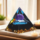 A Pyramid Containing Amethyst and Golden Lotus Flowers, Used for Spiritual Decoration and Healing Crystals of Positive Energy
