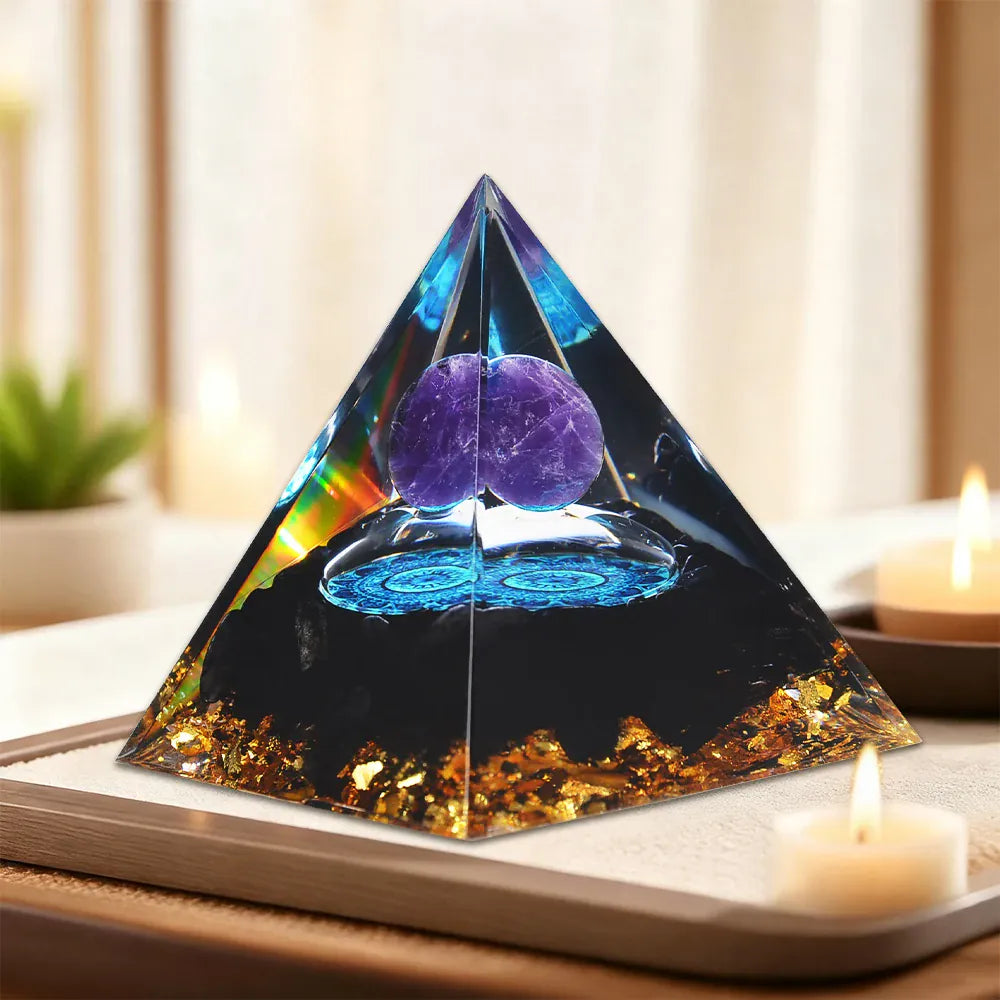 A Pyramid Containing Amethyst and Golden Lotus Flowers, Used for Spiritual Decoration and Healing Crystals of Positive Energy