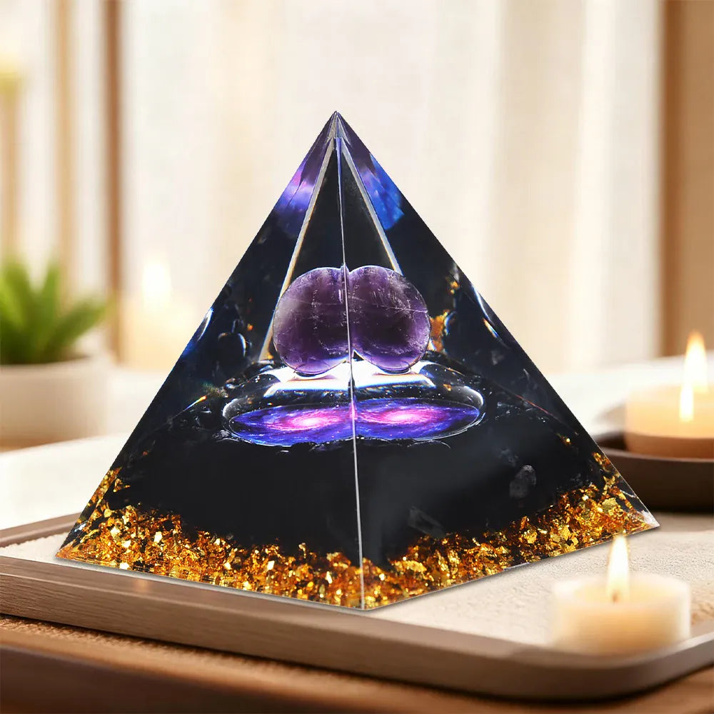 A Pyramid Containing Amethyst and Golden Lotus Flowers, Used for Spiritual Decoration and Healing Crystals of Positive Energy