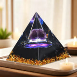 A Pyramid Containing Amethyst and Golden Lotus Flowers, Used for Spiritual Decoration and Healing Crystals of Positive Energy
