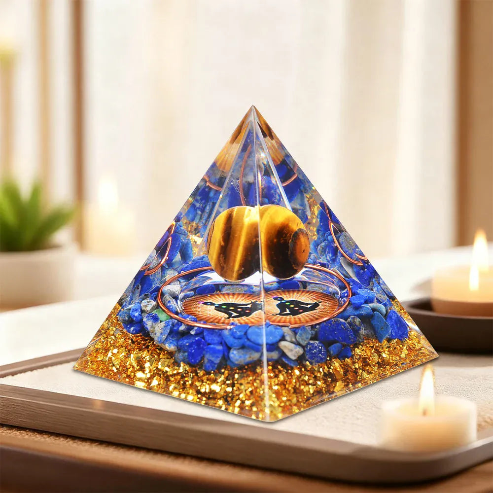 A Pyramid Containing Amethyst and Golden Lotus Flowers, Used for Spiritual Decoration and Healing Crystals of Positive Energy