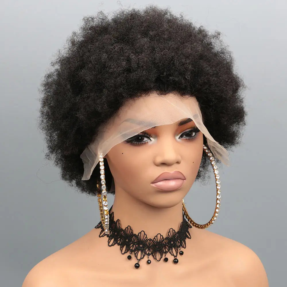 Afro Kinky Curly 13x4 Lace Front Human Hair Wigs 180% Density Short Pixie Cut Wig For Women Short Curly Pixie Remy Wig 6 Inch