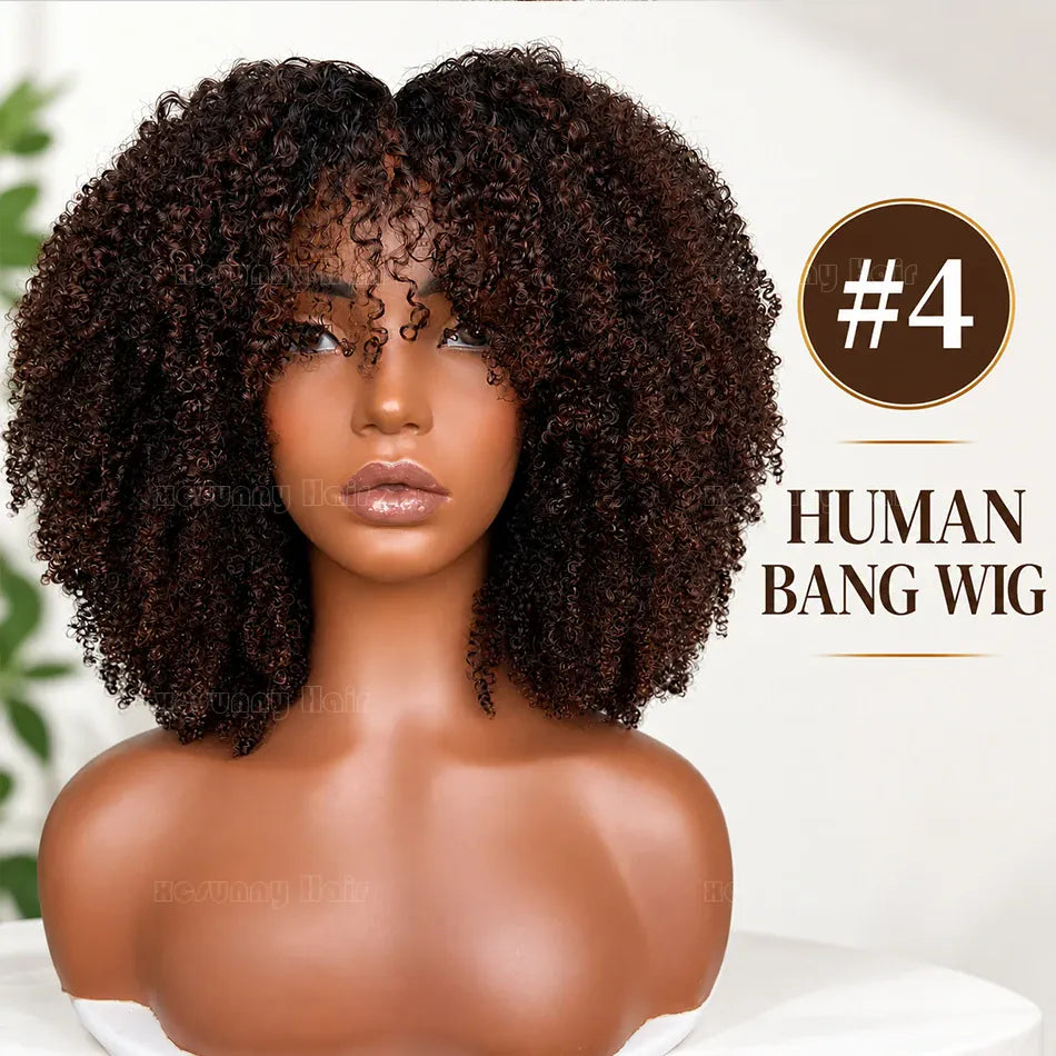 Afro Kinky Curly Human Hair Wig With Bangs Color 4 Chocolate Brown Scalp Top Bang Wig Glueless Full Machine Made Weft Wig