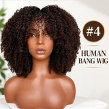 Afro Kinky Curly Human Hair Wig With Bangs Color 4 Chocolate Brown Scalp Top Bang Wig Glueless Full Machine Made Weft Wig